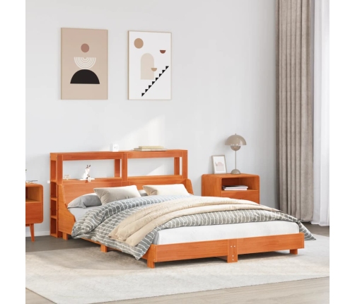 Cama sin colchón madera maciza de pino marrón cera 140x190 cm