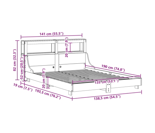 Estructura de cama sin colchón madera maciza de pino 135x190 cm