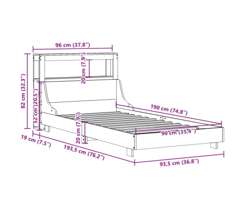 Estructura de cama sin colchón madera maciza de pino 90x190 cm