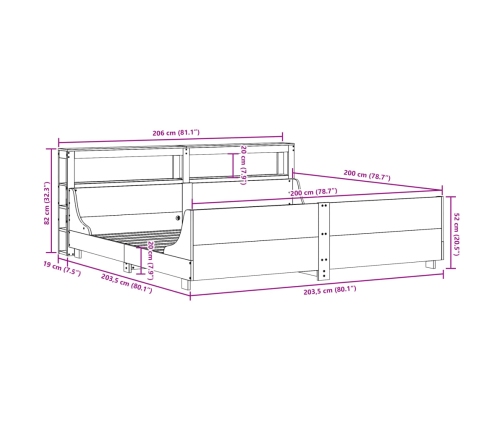 Estructura de cama sin colchón madera maciza de pino 200x200 cm