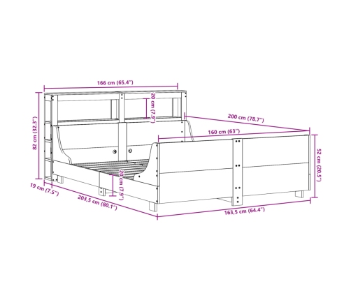 Cama sin colchón madera maciza de pino marrón cera 160x200 cm