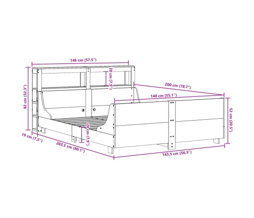 Cama sin colchón madera maciza de pino marrón cera 140x200 cm