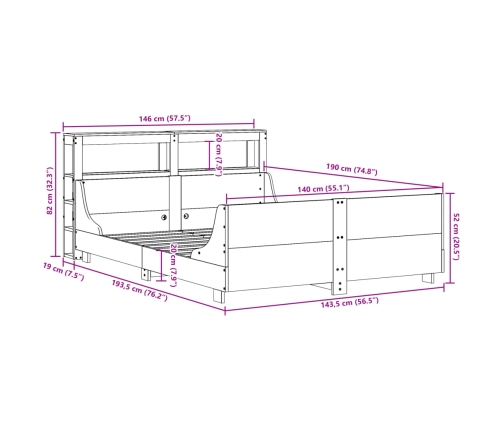 Estructura de cama sin colchón madera maciza de pino 140x190 cm