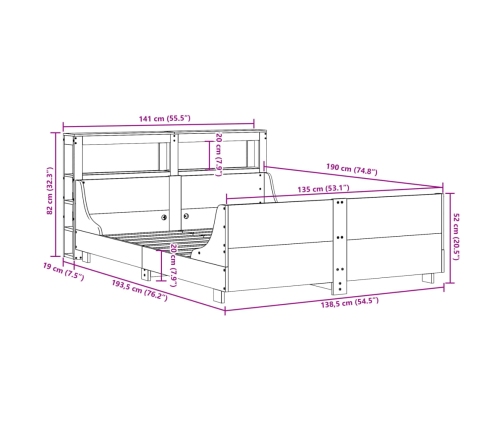 Estructura de cama sin colchón madera maciza de pino 135x190 cm