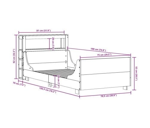 Estructura de cama sin colchón madera maciza pino 75x190 cm