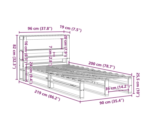 Estructura de cama sin colchón madera maciza de pino 90x200 cm