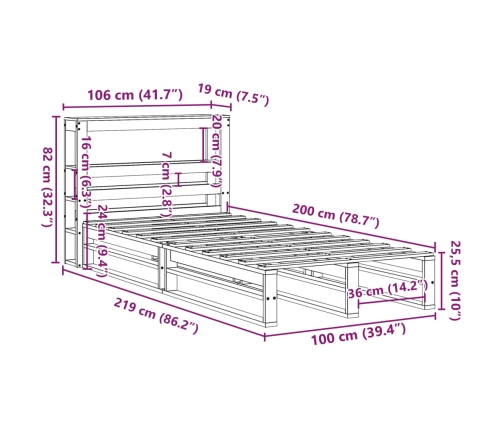 Estructura de cama sin colchón madera maciza de pino 100x200 cm