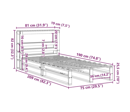 Estructura de cama sin colchón madera maciza pino 75x190 cm