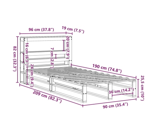 Estructura de cama sin colchón madera maciza de pino 90x190 cm