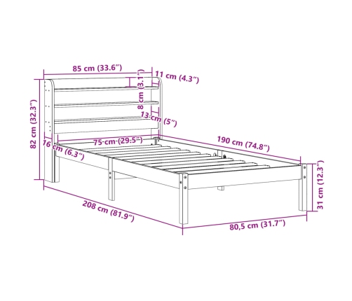 Estructura de cama sin colchón madera maciza pino 75x190 cm