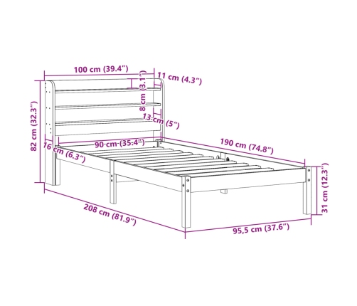 Estructura de cama sin colchón madera maciza de pino 90x190 cm