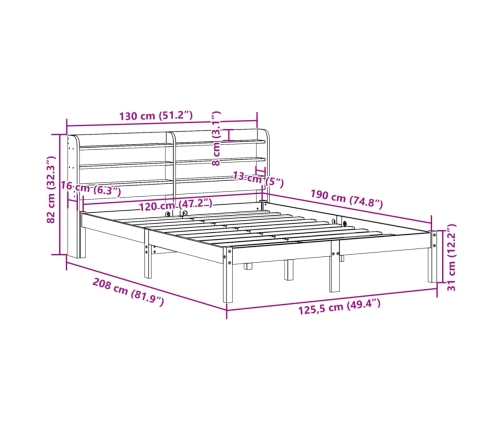 Estructura de cama sin colchón madera maciza de pino 120x190 cm