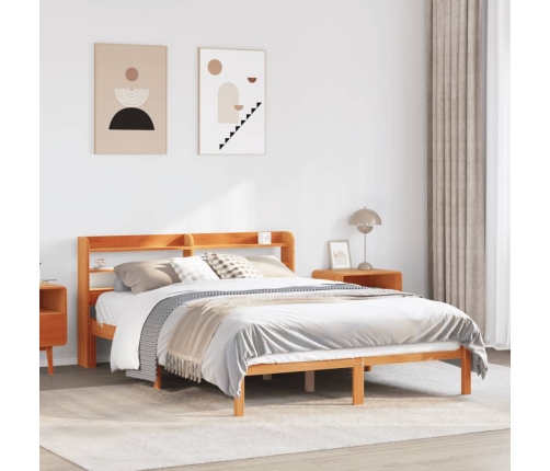 Estructura cama con cabecero madera pino marrón cera 135x190 cm