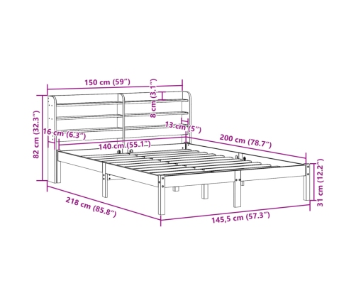 Estructura cama con cabecero madera pino marrón cera 140x200 cm