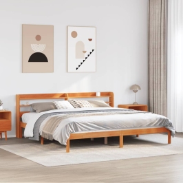 Estructura cama con cabecero madera pino marrón cera 200x200 cm