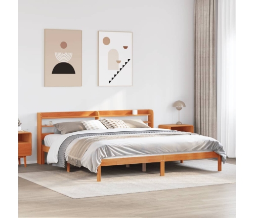 Estructura cama con cabecero madera pino marrón cera 200x200 cm