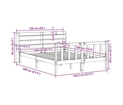 Estructura de cama sin colchón madera maciza de pino 140x190 cm