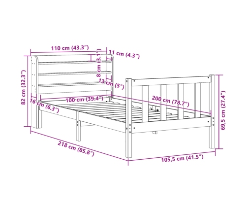 Estructura de cama sin colchón madera maciza de pino 100x200 cm