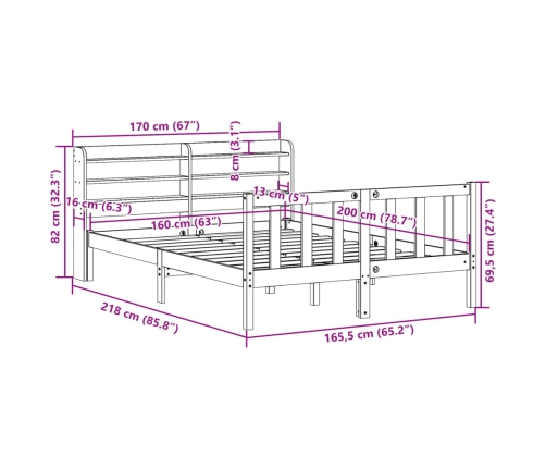 Estructura de cama sin colchón madera maciza de pino 160x200 cm