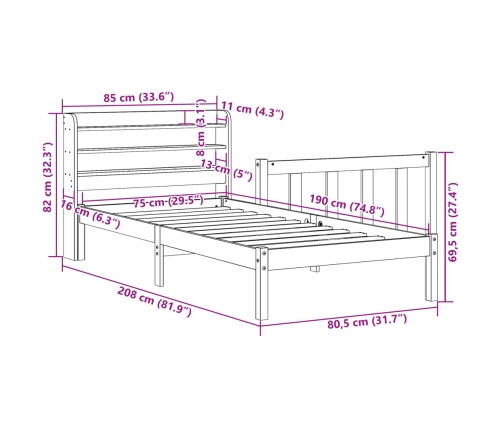 Estructura cama con cabecero madera pino marrón cera 75x190 cm