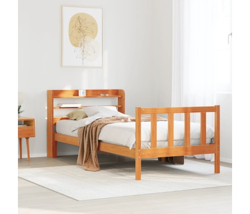 Estructura cama con cabecero madera pino marrón cera 75x190 cm