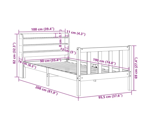 Estructura cama con cabecero madera pino marrón cera 90x190 cm