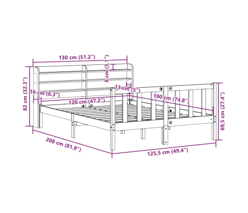 Estructura cama con cabecero madera pino marrón cera 120x190 cm