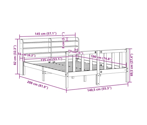 Estructura cama con cabecero madera pino marrón cera 135x190 cm