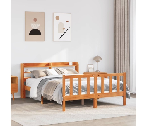 Estructura cama con cabecero madera pino marrón cera 140x190 cm