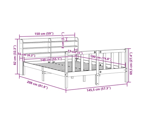 Estructura cama con cabecero madera pino marrón cera 140x190 cm