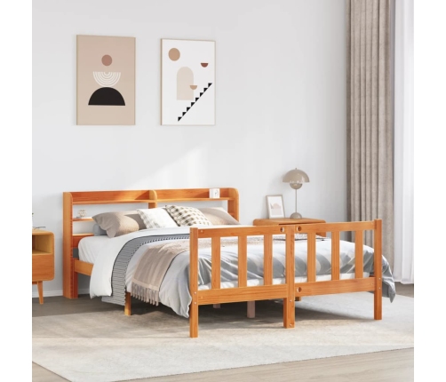 Estructura cama con cabecero madera pino marrón cera 140x200 cm