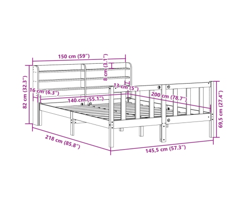 Estructura cama con cabecero madera pino marrón cera 140x200 cm