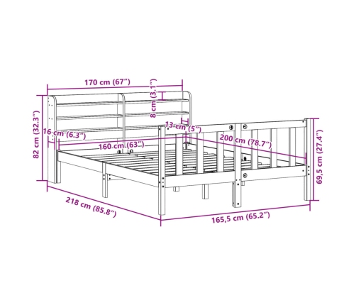 Estructura cama con cabecero madera pino marrón cera 160x200 cm