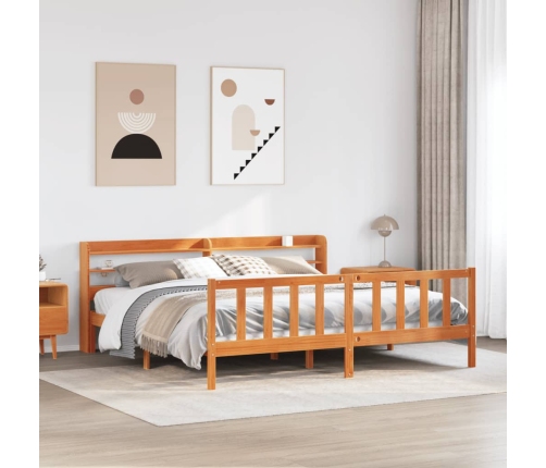 Estructura cama con cabecero madera pino marrón cera 180x200 cm