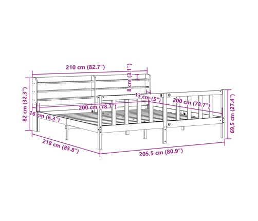 Estructura cama con cabecero madera pino marrón cera 200x200 cm