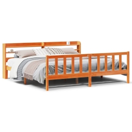 Estructura cama con cabecero madera pino marrón cera 200x200 cm