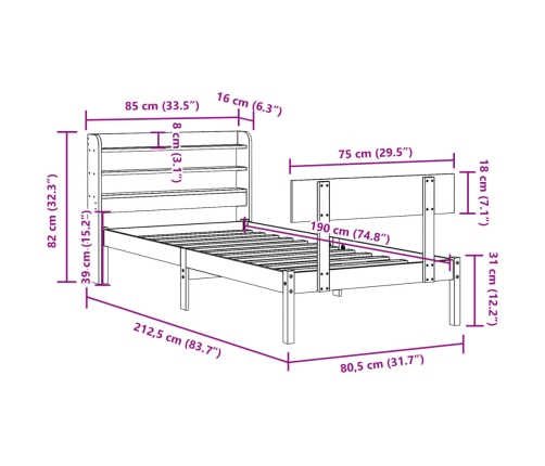 Estructura de cama sin colchón madera maciza blanca 75x190 cm