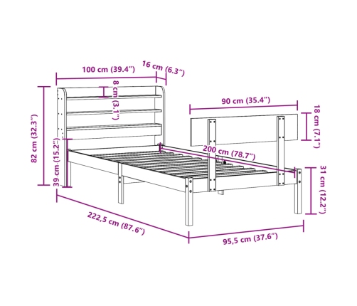 Estructura de cama sin colchón madera maciza de pino 90x200 cm