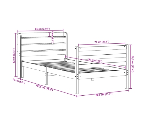 Estructura de cama con cabecero madera maciza pino 75x190 cm