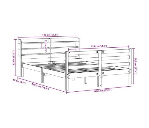 Estructura de cama con cabecero madera maciza pino 135x190 cm