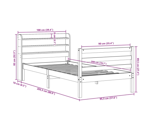 Estructura de cama con cabecero madera maciza de pino 90x200 cm