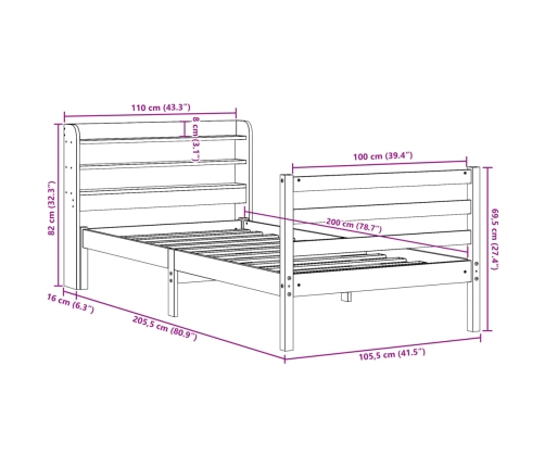 Estructura de cama con cabecero madera maciza pino 100x200 cm