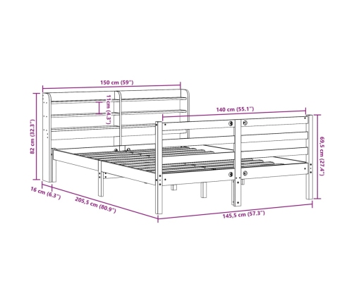 Estructura de cama con cabecero madera maciza pino 140x200 cm