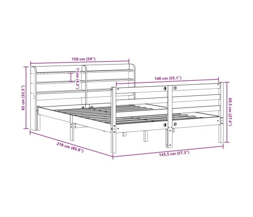 Cama sin colchón madera maciza de pino marrón cera 140x200 cm