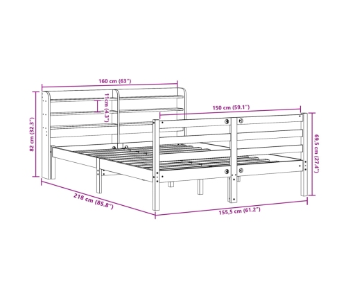 Cama sin colchón madera maciza pino marrón cera 150x200 cm