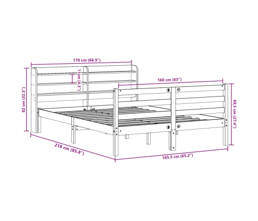 Cama sin colchón madera maciza de pino marrón cera 160x200 cm