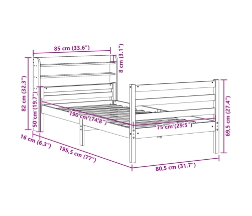 Estructura de cama con cabecero madera maciza pino 75x190 cm