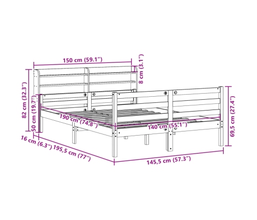 Estructura de cama con cabecero madera maciza pino 140x190 cm