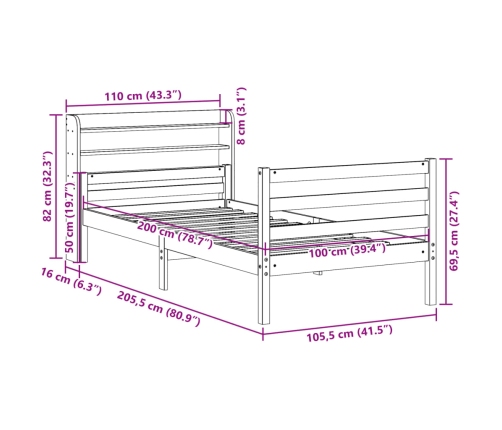 Estructura de cama con cabecero madera maciza pino 100x200 cm