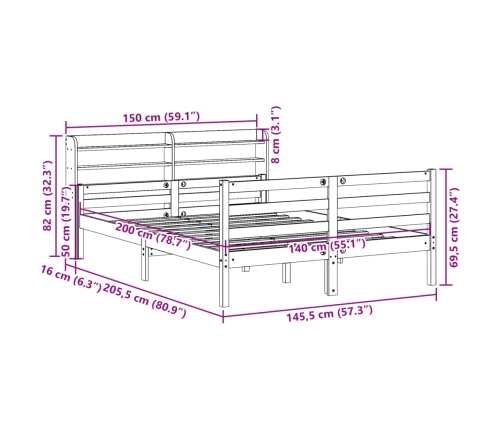 Estructura de cama con cabecero madera maciza pino 140x200 cm